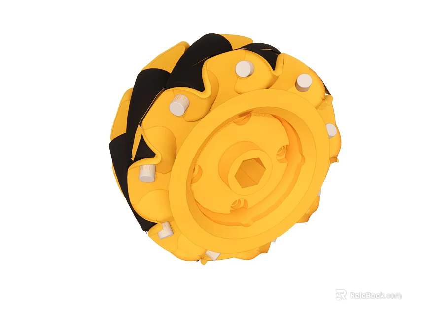 Industrial Equipment Heavy Duty Yellow Black Wheel With Hexagonal Center And Metal Bolts 3d model 