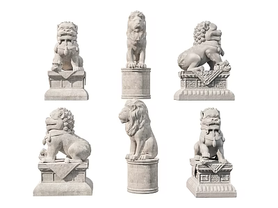 Garden Decorative Stone Lion Statues In Various Poses On Pedestal Bases 3d model