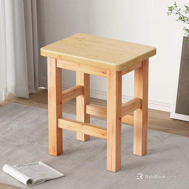Wooden Stool Simple Design Square Seat Light Wood Finish Indoor Living Room with Grey Carpet 3d model 