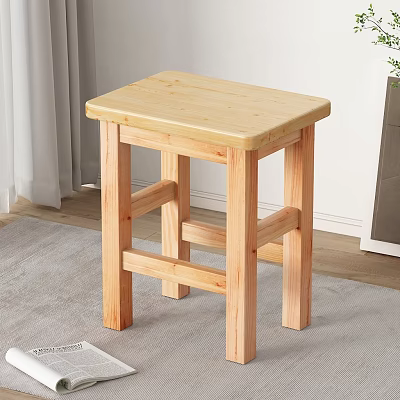 Wooden Stool Simple Design Square Seat Light Wood Finish Indoor Living Room with Grey Carpet 3d model
