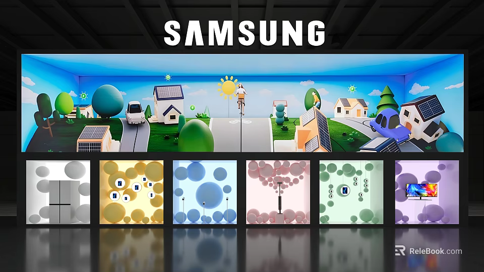 SAMSUNG Window Display Featuring Cartoon Scene Houses Trees Figure And Decorative Panels 3d model 