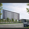 Modern Office Building Exterior With Glass Windows Lush Trees Front Road And Parked Cars