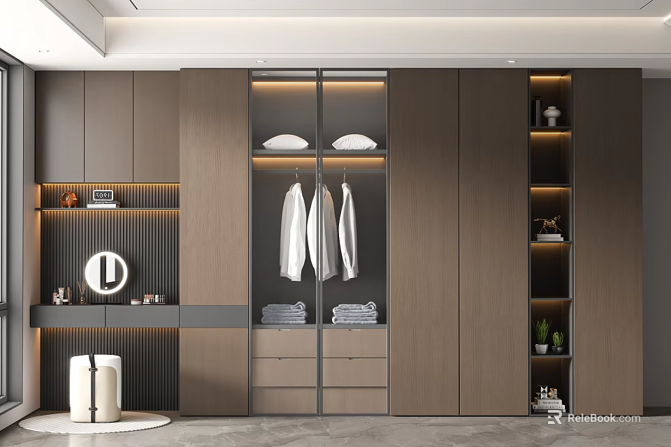 Modern Wardrobe Design With Sliding Doors Wooden Panels Internal Hanging Area And LED Lighting 3d model 