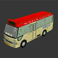 Yellow City Bus With Red Roof And Green Electronic Display On Body