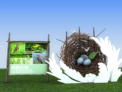 Bird Themed Photo Spot With Nest Eggs Display Board And Wing Decorations On Green Grass 3d model