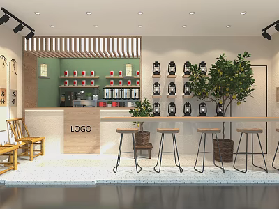 Bubble Tea Shop With Minimal Decor Green Counter Red White Cups Wooden Stools And Plants 3d model