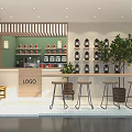 Bubble Tea Shop With Minimal Decor Green Counter Red White Cups Wooden Stools And Plants