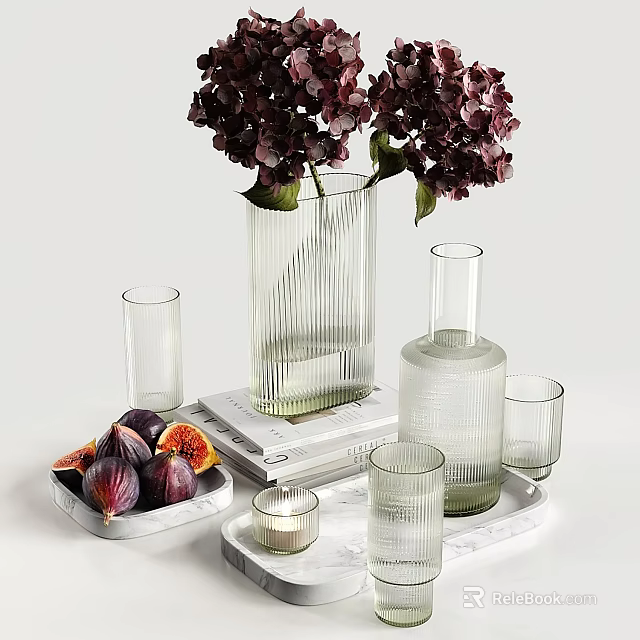 Ceramic Vessels Decorative Arrangement With Fresh Figs Hydrangea Flowers Glass Cups And Tray 3d model 