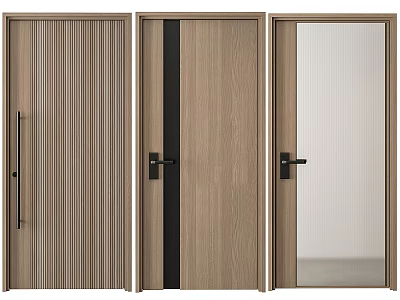 Modern Wooden Hinged Doors With Vertical Stripes Glass Panel And Black Accents 3d model