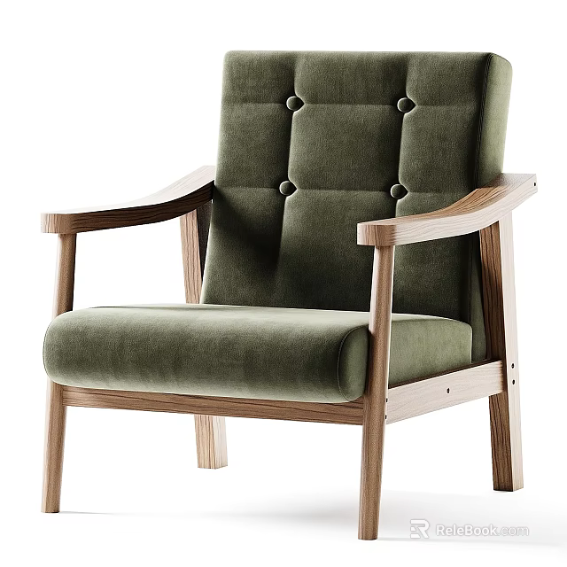 Green Leisure Chair with Button Tufted Backrest Wooden Armrests and Comfortable Cushion 3d model 