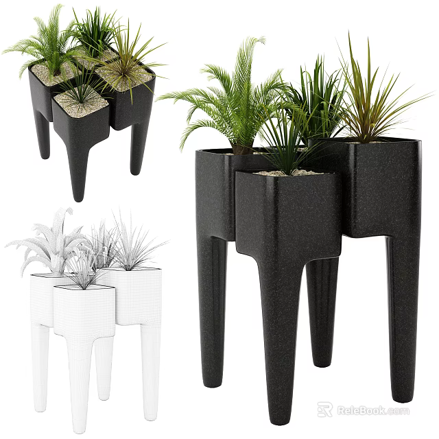 Modern Tall Leg Potted Plants With Black White Planters And Green Foliage 3d model 