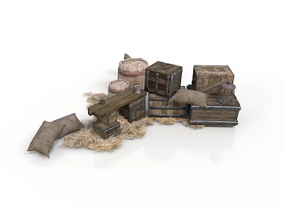 Rustic Household Storage Items Featuring Wooden Boxes Sack Bags Barrels And Straw 3d model