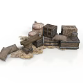 Rustic Household Storage Items Featuring Wooden Boxes Sack Bags Barrels And Straw