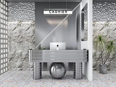 Modern Reception Desk with Stone Wall Background Metal Accents Spherical Base Potted Plant and MacBook 3d model