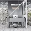 Modern Reception Desk with Stone Wall Background Metal Accents Spherical Base Potted Plant and MacBook