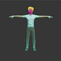 Man in white short shirt and khaki pants arms outstretched on gray background reflective floor