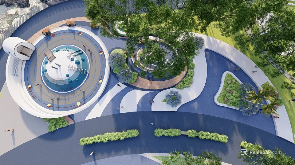 Children's Play Zone With Circular Play Structure Trees Walkways And Lush Greenery 3d model 