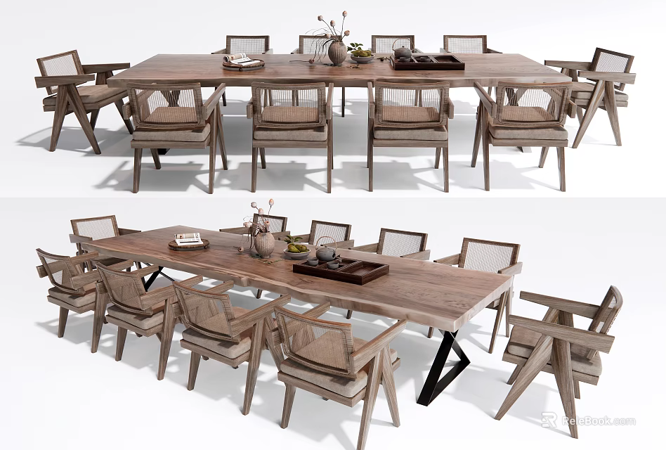 Minimalist Wooden Dining Table Set with 8 Chairs and Decorative Vases on Top 3d model 