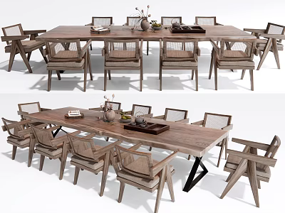 Minimalist Wooden Dining Table Set with 8 Chairs and Decorative Vases on Top 3d model