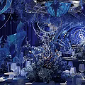 Luxurious Restaurant Interior With Blue Lighting Crystal Decor Circular Chandeliers Elephant Sculptures And Tiered Stage