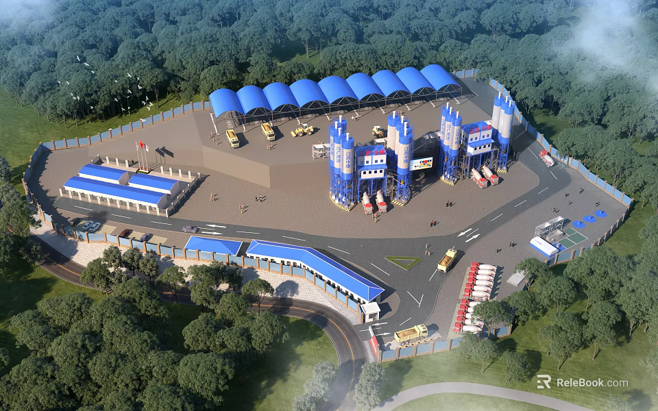 Industrial Factory Aerial View With Green Forest Surroundings Blue Roof Structures Roadways And Vehicles 3d model 
