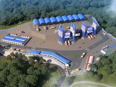 Industrial Factory Aerial View With Green Forest Surroundings Blue Roof Structures Roadways And Vehicles 3d model