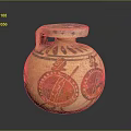 Ancient Painted Pottery Jar Sculpture with Circular Decorative Patterns and Handle Design