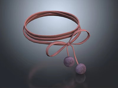 Stylish Multi Layered Brown Ribbon Bracelet With Tied Bow And Purple Spherical Pendants 3d model