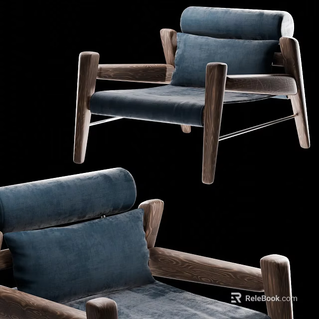 Modern Wooden Frame Accent Chair With Blue Velvet Upholstered Seat And Backrest 3d model 