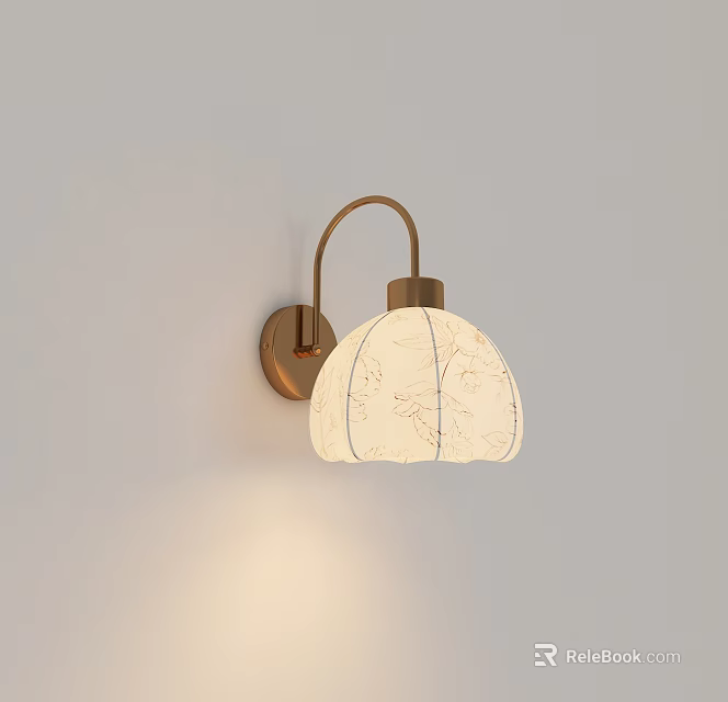 Decorative Wall Lamp with Golden Bracket White Patterned Lampshade on Light-Colored Wall Emitting Soft Light 3d model 