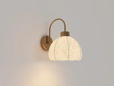 Decorative Wall Lamp with Golden Bracket White Patterned Lampshade on Light-Colored Wall Emitting Soft Light 3d model