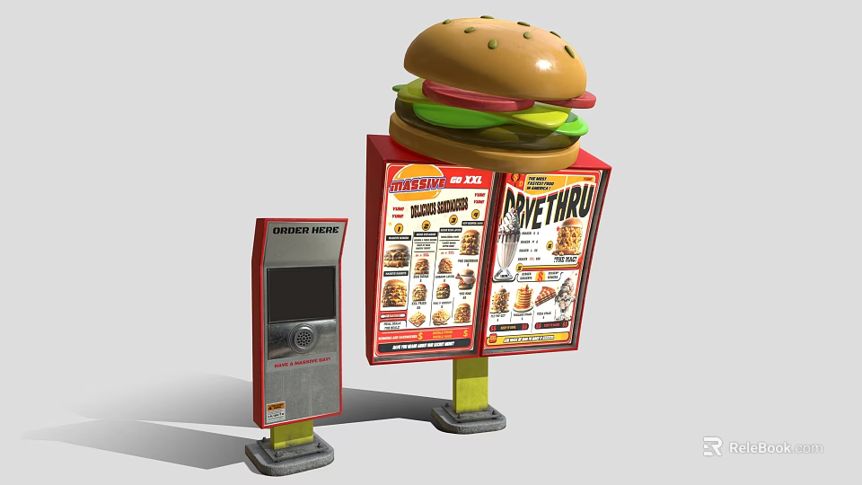 Burger King Fast Food Billboard With Burger Shape Menu And Order Kiosk 3d model 