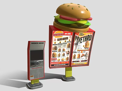 Burger King Fast Food Billboard With Burger Shape Menu And Order Kiosk 3d model