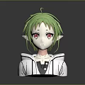 Game Movie Character with Green Hair Red Eyes Elf Ears in White Hoodie