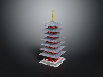 Traditional Multi Tiered Tower Model With Red Base Gray Roof And Golden Spire 3d model
