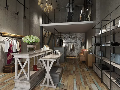 Industrial Style Clothing Store Interior With Clothing Racks Flower Arrangement Chandeliers And Wooden Flooring 3d model