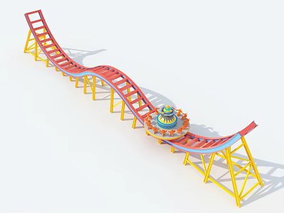 Fun Amusement Roller Coaster Ride With Red Track Yellow Supports And Colorful Cabin 3d model