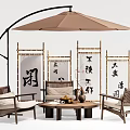 Elegant Patio Outdoor Table with Bamboo Screens Calligraphy Brown Umbrella and Chairs