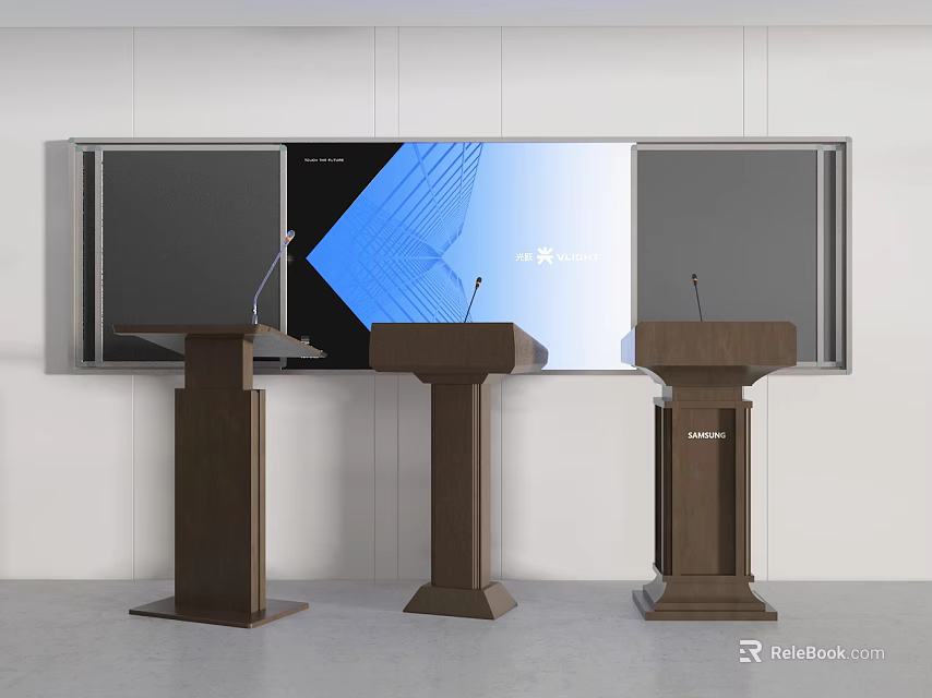 Wooden Podiums With Microphones In Front Of Large Screen With Blue Geometric Design 3d model 