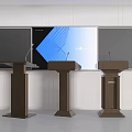 Wooden Podiums With Microphones In Front Of Large Screen With Blue Geometric Design
