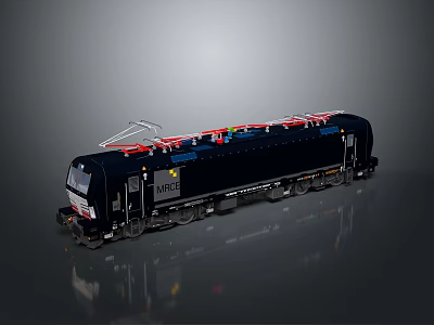 Dark blue electric locomotive with red components on roof and detailed body on gray background 3d model