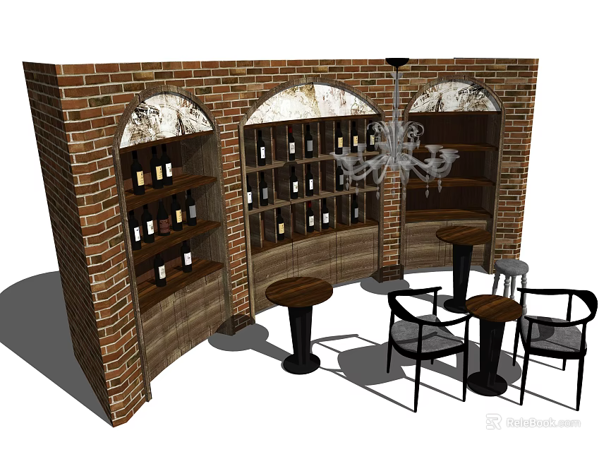 Red Brick Wall Wine Cabinet Interior With Arched Design Wine Bottles And Round Tables 3d model 