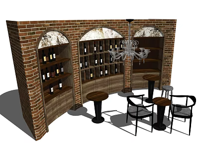 Red Brick Wall Wine Cabinet Interior With Arched Design Wine Bottles And Round Tables 3d model