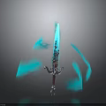Glowing Blue Sword With Decorative Hilt And Blue Energy Fragments On Dark Background