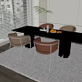Modern Dining Table Set with Black Table Pink Beige Chairs Green Plant and Fruit Bowl