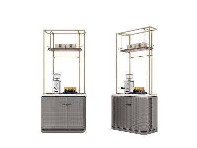 Pair Of Modern Storage Shelving Units With Metal Frame Gray Cabinet Upper Shelves And Coffee Machine 3d model