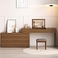Elegant Wooden Dressing Table With Mirror Drawers Stool Pendant Light And White Wall