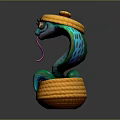 Colorful Cobra 3D Model In Woven Basket With Yellow Hat And Blue Green Body