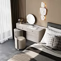 Modern Dressing Table With Round Mirror Drawer Cabinet Stool And Wall Decor In Bedroom Interior 3d model