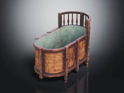 Vintage Wooden Crib With Curved Railings And Green Padded Interior Design 3d model